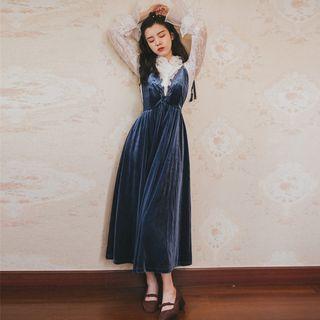 Set: Lace Mock-neck Blouse + Midi Suspender Skirt