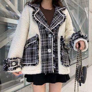 Plaid Panel Fleece Jacket Black & Beige - One Size