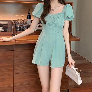 Off-shoulder Shirred Romper