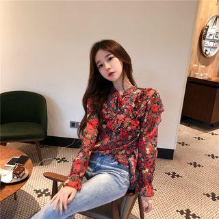 Cropped Long-sleeve Chiffon Blouse Red - One Size