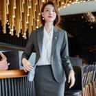Plain Blazer / Mini Pencil Skirt / Dress Pants / V-neck Blouse / Set