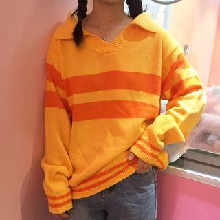 Stripe Long-sleeve Collared Knit Sweater