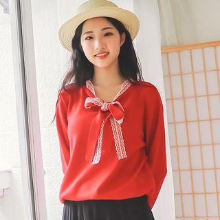Lace Trim Bow Accent Blouse Red - One Size