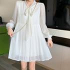 Single-button Vest / Long-sleeve Pleated Mini A-line Dress