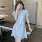 Tie-neck Puff-sleeve Floral Mini Dress