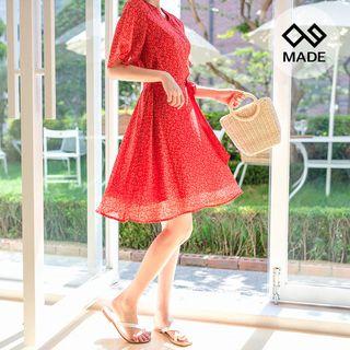 Bell-sleeve Tie-waist Floral Midi Wrap Dress