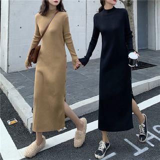 Plain Semi High-neck Slit-side Dress