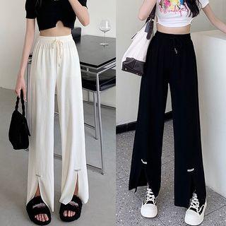 Drawstring Plain Wide-leg Hem Slit Pants