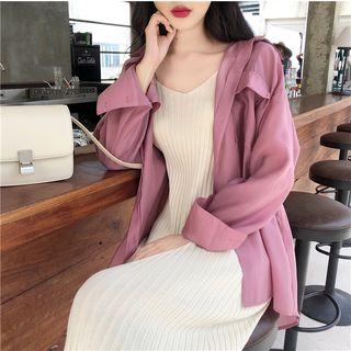 Plain Long-sleeve Loose-fit Shirt / Knit Sleeveless Dress