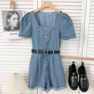 Puff-sleeve Denim Playsuit With Belt