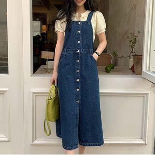 Puff-sleeve Ruffled Knit Top / Denim Midi Overall Dress