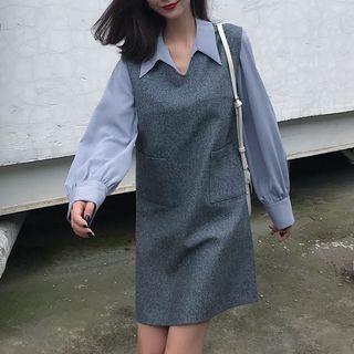 V-neck Blouse / Dual-pocket Mini Pinafore Dress