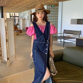 Puff-sleeve Off-shoulder Blouse / Slit Denim Midi A-line Overall Dress