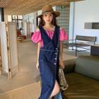 Puff-sleeve Off-shoulder Blouse / Slit Denim Midi A-line Overall Dress