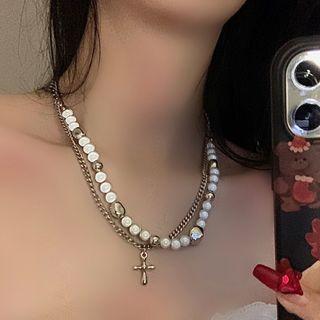 Beaded Cross Necklace White - One Size