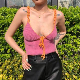 Sleeveless V-neck Two-tone Knit Top