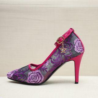 Embroidered Mesh Panel Pumps