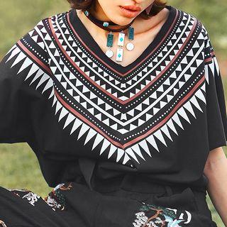 Ethnic Print Short Sleeve V Neck T-shirt Black - M