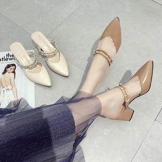 Beaded Strap Pointy Block Heel Mules