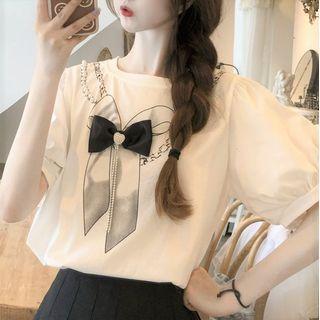 Puff-sleeve Ribbon Print T-shirt