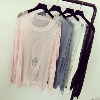 Sheer Embroidered Long-sleeve Knit Sweater
