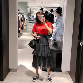 Set: T-shirt + Ruffle-tiered Dot Chiffon Long Skirt