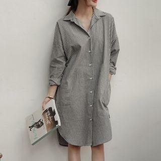 Long-sleeve Striped Shirtdress As Shown In Figure - One Size