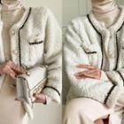 Braided-trim Fleece Jacket Ivory - One Size