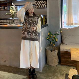 Patterned Knit Vest / Long-sleeve Plain Midi Dress