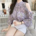 Flower Print Cold Shoulder 3/4-sleeve Blouse