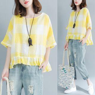Ruffled Check 3/4 Sleeve Top