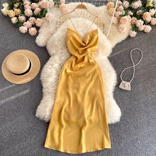 Plain Open-back Lace-up Strap Spaghetti-strap Dress