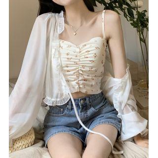 Long-sleeve Chiffon Cardigan / Floral Ruched Camisole Top