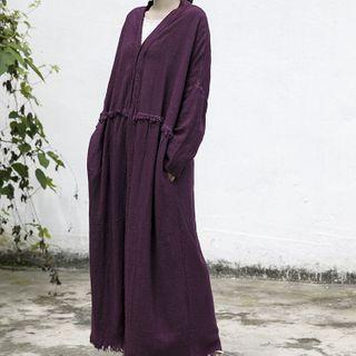 Long-sleeve Linen Maxi A-line Dress Grape Purple - One Size