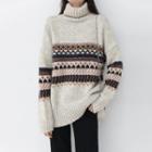 Turtleneck Patterned Sweater Beige - One Size