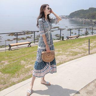V-neck Drawstring-waist Pattern Dress Sky Blue - One Size