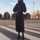 Turtleneck Long-sleeve Midi A-line Sweater Dress With Belt With Belt - Black - One Size
