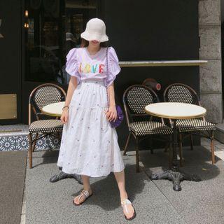 Band-waist Flower-embroidered Skirt Ivory - One Size