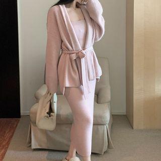Plain Knit Tube Top / High-waist Plain Knit Midi Skirt / Plain Cardigan