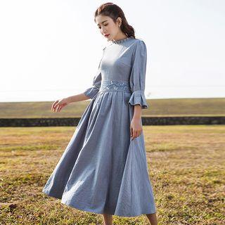 Frill-trim Embroidery Gather-waist Midi Dress