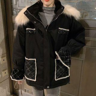 Faux Fur Trim Embellished Hooded Zip Jacket