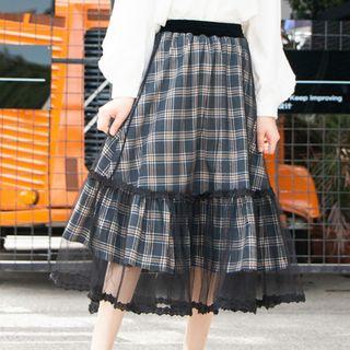 Ruffle Mesh Panel Plaid Maxi Skirt