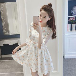 Floral Print Mesh Panel 3/4 Sleeve Dress