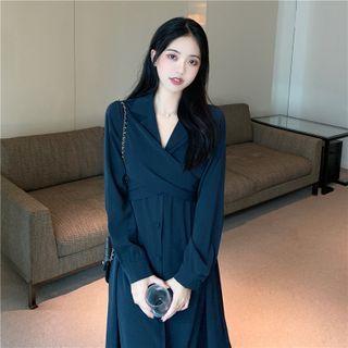 Long-sleeve V-neck Midi Shirt Dress