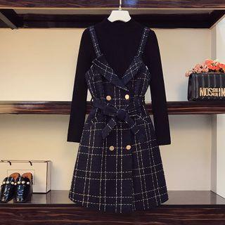 Set: Plain Long-sleeve Knit Top + Plaid A-line Pinafore Dress