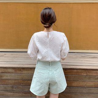 Puff-sleeve Flower-embroidered Top Ivory - One Size