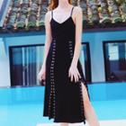 Buckle Detail Spaghetti Strap Midi A-line Dress