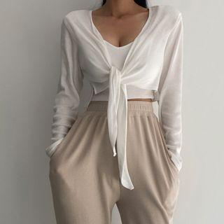 Set: Plain Camisole Top + Long-sleeve Tie-front Top