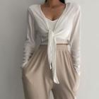Set: Plain Camisole Top + Long-sleeve Tie-front Top