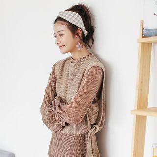 Set: Long-sleeve Gingham Chiffon Dress + Knit Vest